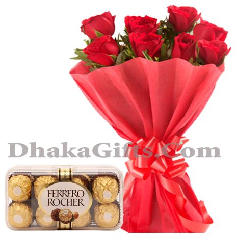 6 pieces red rose with 16 pieces ferrero chocolate to philippines