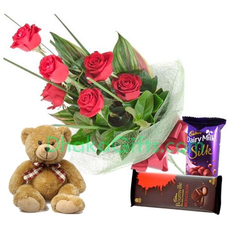 6 Red Roses With Small Bear & Chocolates