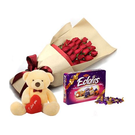 12 Red Roses With Small bear & Eclairs Chocolate in box