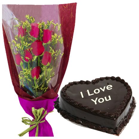 6 Pcs Roses Bouquet With Chocolate Heart Cake