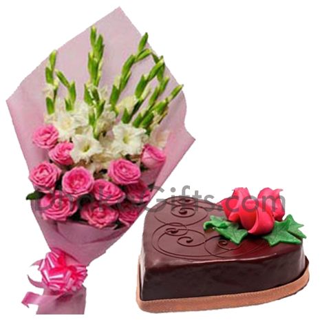 send lilies and roses bouquet with chocolate heart cake to dhaka