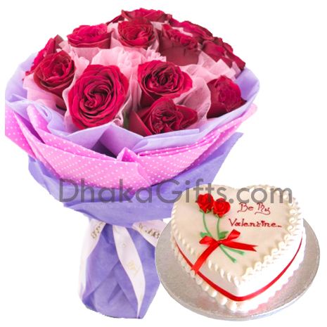 send 12 pcs roses with heart shaped cake by cooper's to bangladesh