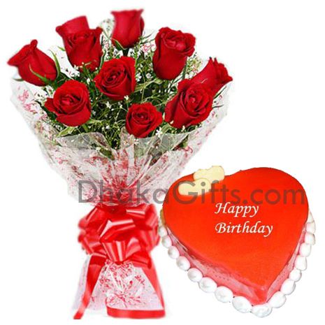 send red roses bouquet with vanila heart cake to bangladesh