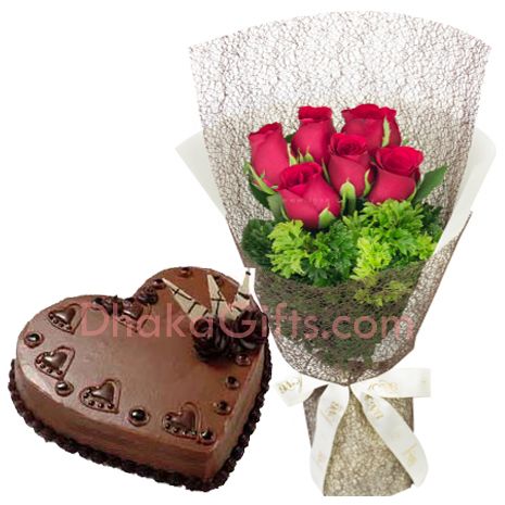 send 6 pcs roses with chocolate heart cake by mr.baker to bangladesh