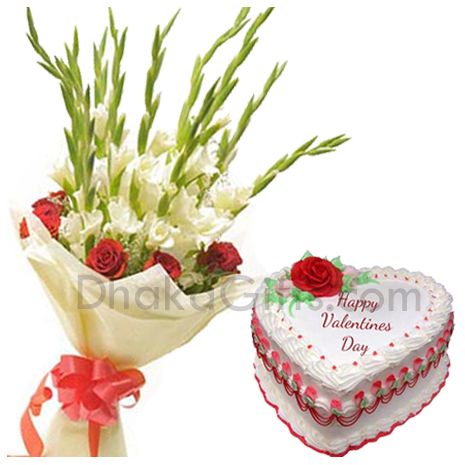 send lilies and roses with heart cake by cooper's to bangladesh