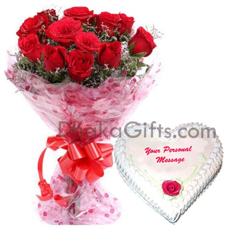 send 12 red roses with vanilla heart cake to bangladesh