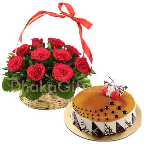 send red roses in basket with coffee round cake to bangladesh