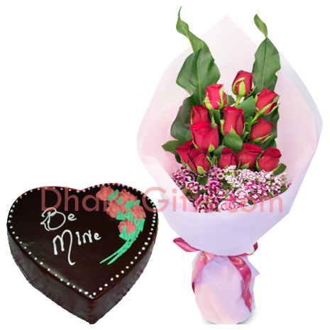 chocolate heart cake with 12 roses to bangladesh