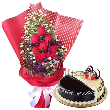 send chocolate and vanilla mix round cake with roses bouquet to dhaka