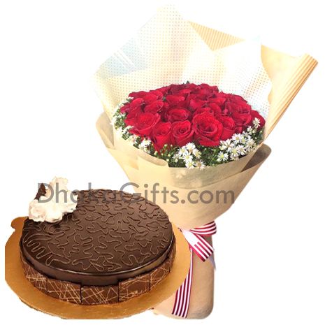 send chocolate coated round cake with roses bouquet to bangladesh