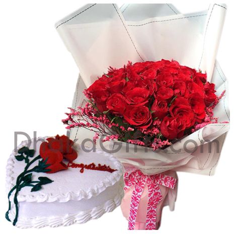 send vanilla heart shape cake with red roses in bouquet to dhaka