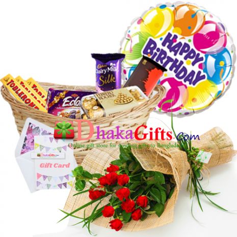 send red roses bouquet,balloon with chocolates basket to dhaka