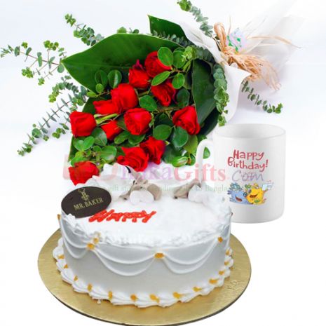 one dozen red roses bouquet, birthday mug with cake to dhaka