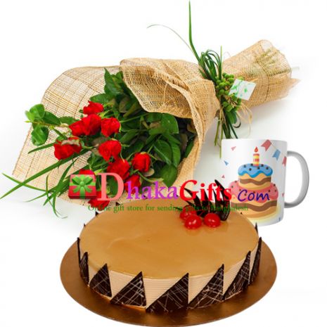 send one dozen red roses bouquet, mug with cake to dhaka