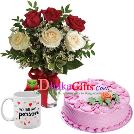 6 pcs roses in vase, mug with cake to dhaka