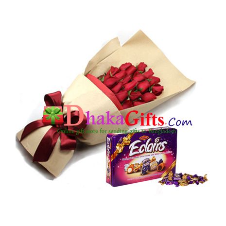 send eclairs chocolate in a box with 12 red roses bouquet to bangladesh