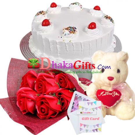 delivery red roses bouquet, teddy bear with vanila cake to dhaka