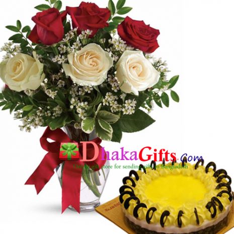 send lemon round cake with 6 roses in vase to dhaka