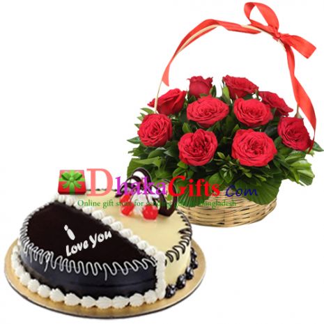 send 1 dozen red roses in basket with mother's day cake to dhaka
