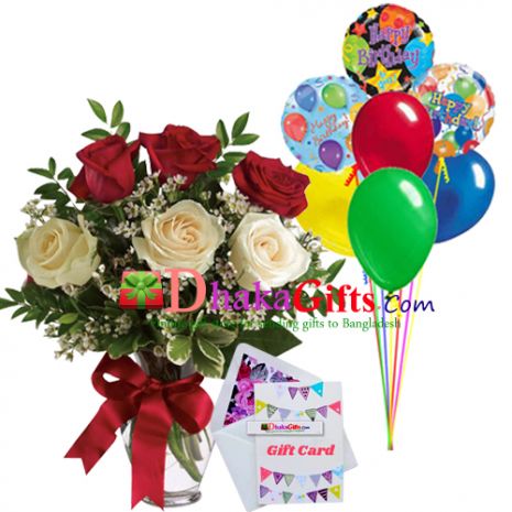 send 6 pcs roses in vase with 7 pcs balloon to dhaka