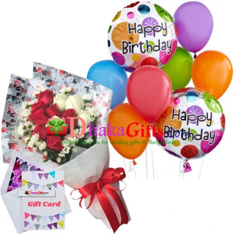 send 12 pcs roses in bouquet, 8 pcs balloon to dhaka