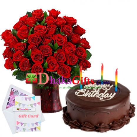 send special 3 dozen roses in vase with chocolate cake to dhaka, bangladesh