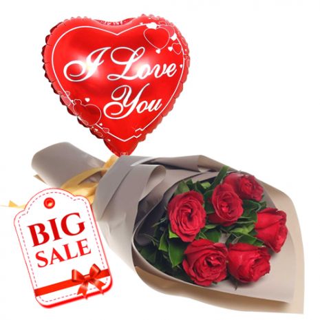 send to 6 red roses in bouquet with i love you balloon to dhaka