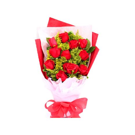 Send 12 Red Roses with Green Leaves Bouquet to Dhaka