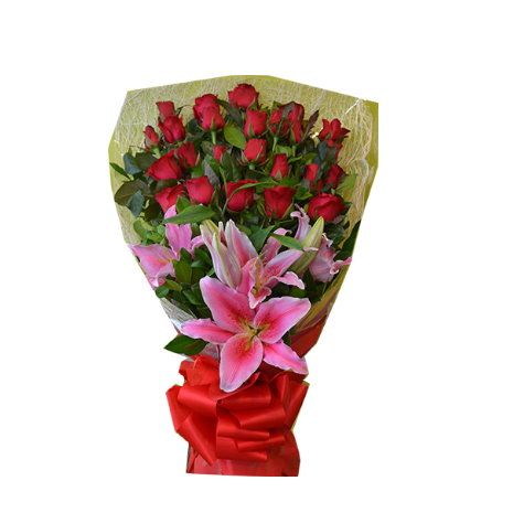 24 Red Roses Bouquet with Pink Lily