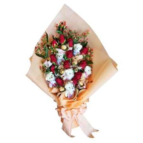 12 Red Color Roses Bouquet with 6 Small Bear