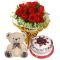 Small Teddy with 12 Red Roses and Cake by Well Food