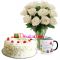 one dozen white roses in vase, mug with cake send to dhaka