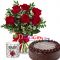 send 6 pcs red roses in vase and mug with cake to dhaka