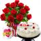 send one dozen red roses in vase and mug with cake to dhaka
