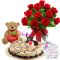 send one dozen red roses in vase, teddy with cake to dhaka