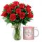 send red roses in vase with mug to dhaka
